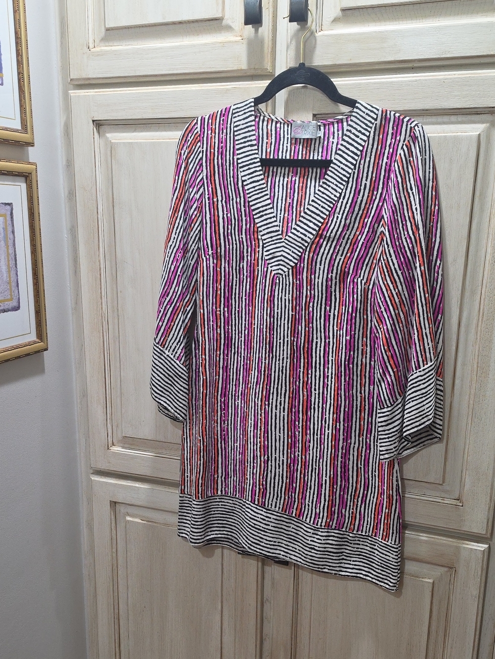 Alice & Trixie Pink, Black and White Striped V-Neck Tunic 100% Silk